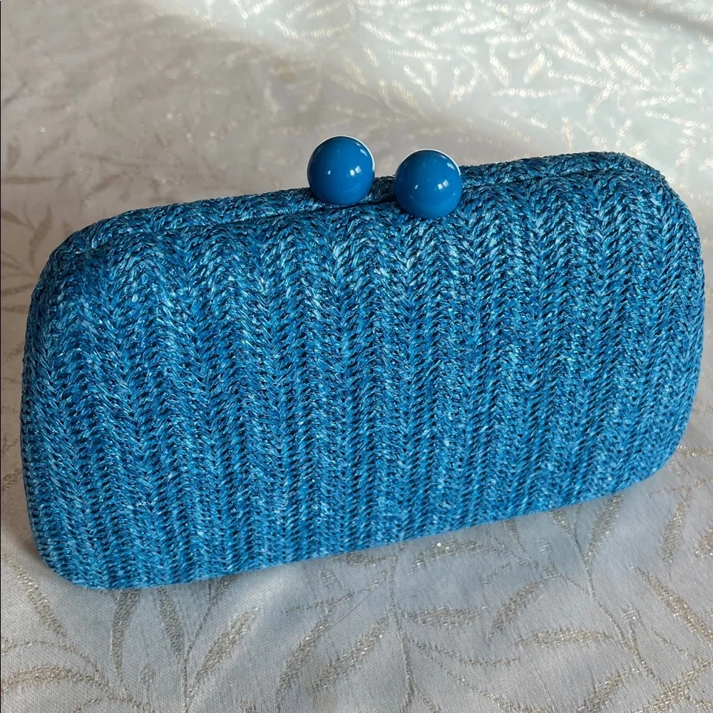 Blue Rafia/Straw yarn Woven Hardshell Clutch with Gold Chain & ball clasp lock